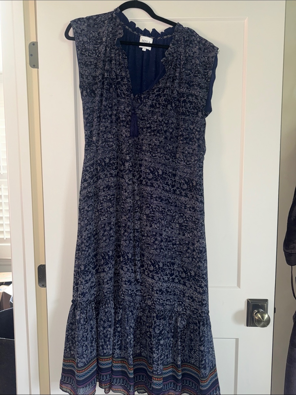 Misa Los Angeles Navy and White Printed Sleeveless Maxi Dress
